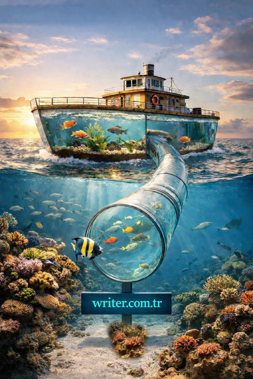 The boat has a glass aquarium-like exterior and is connected to the sea by a pipe.daydreamer,writer.com.tr