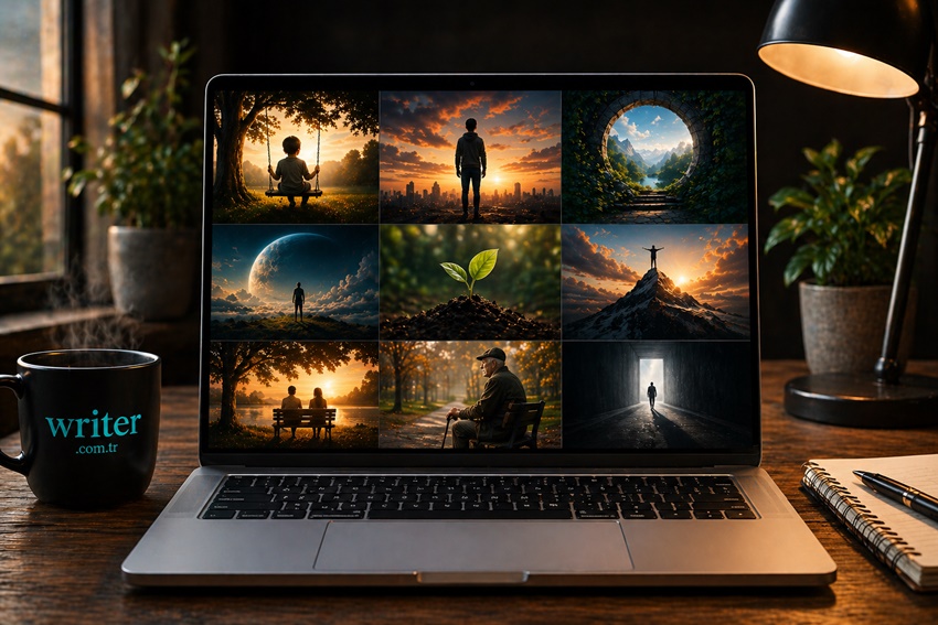 writer.com.tr creative writing workspace with laptop showing life stages visual grid childhood youth world life nature success marriage aging death manifesto turquoise coffee cup cinematic scene