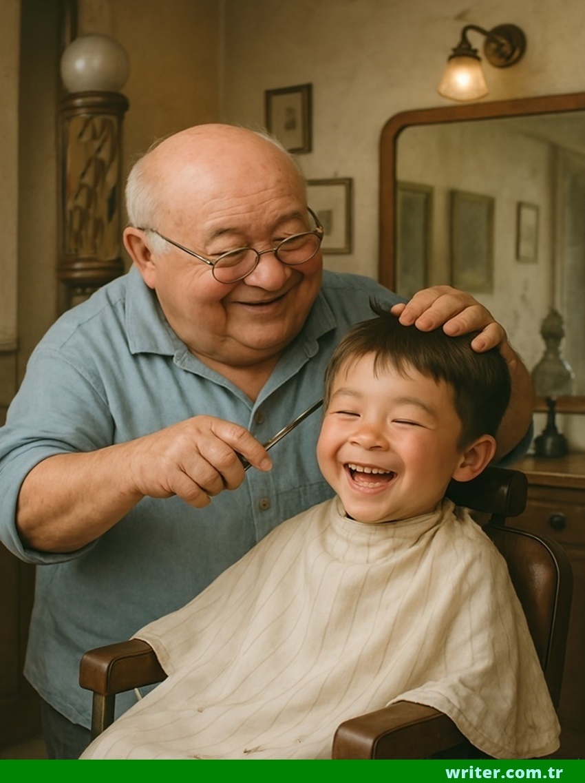 Barber Osman is shaving the cute child. writer.com.tr story wrote