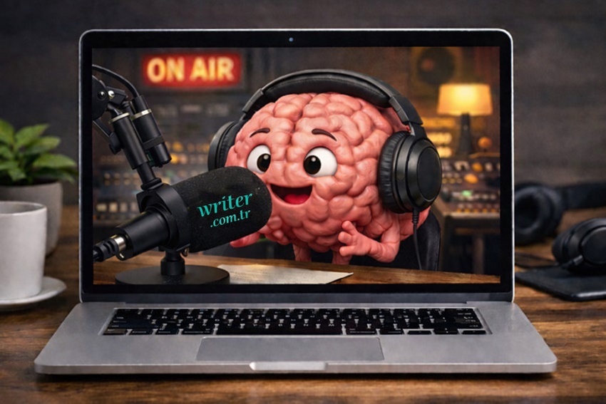 A brain image inside a laptop. The brain is speaking.writer.com.tr fiction