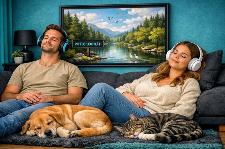 A man and a woman wearing headphones are listening to calming music playing on writer.com.tr.calm radio,calm music