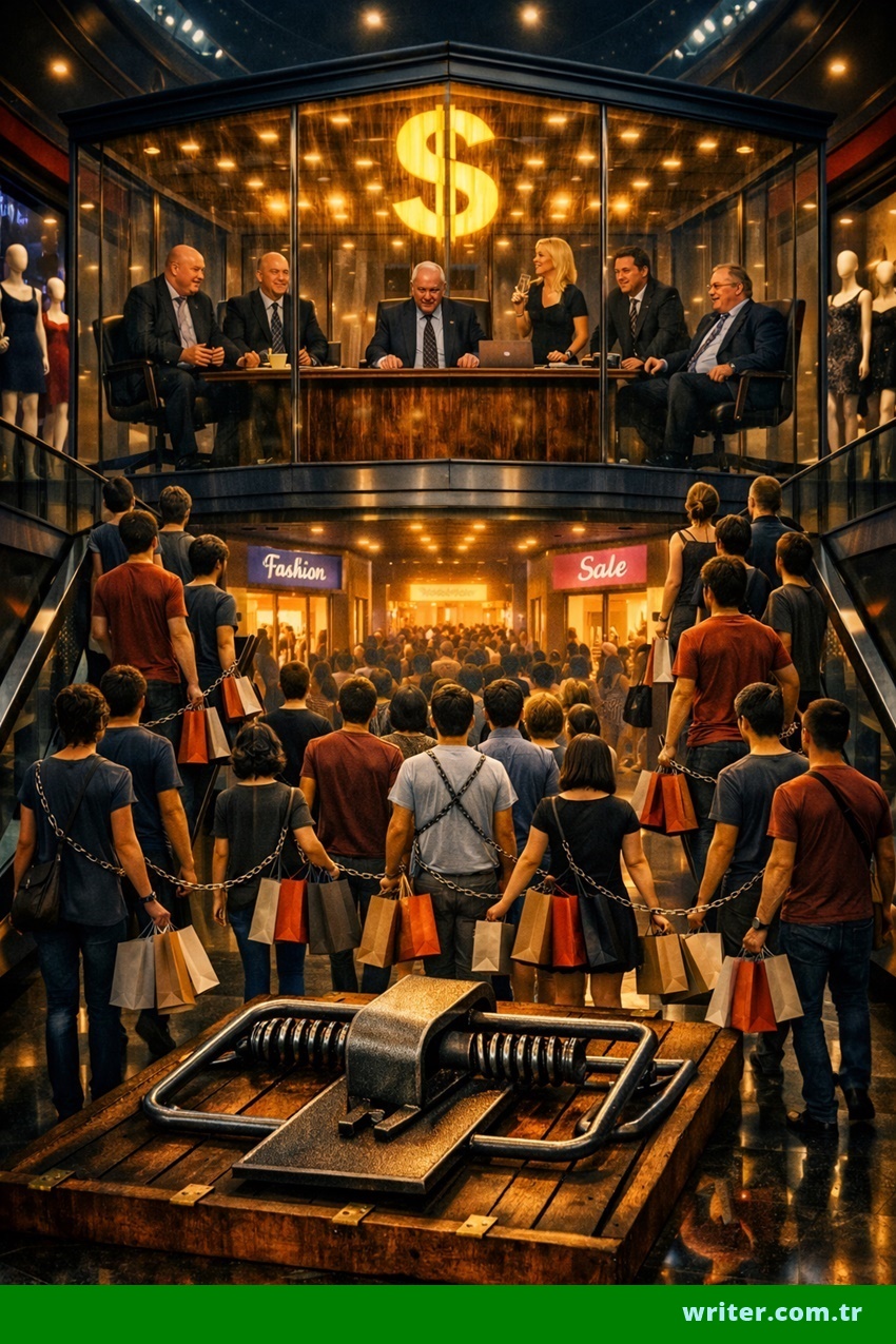 An image that uses imagination to illustrate the trap of capitalism. People are chained up in a shopping mall.writer.com.tr