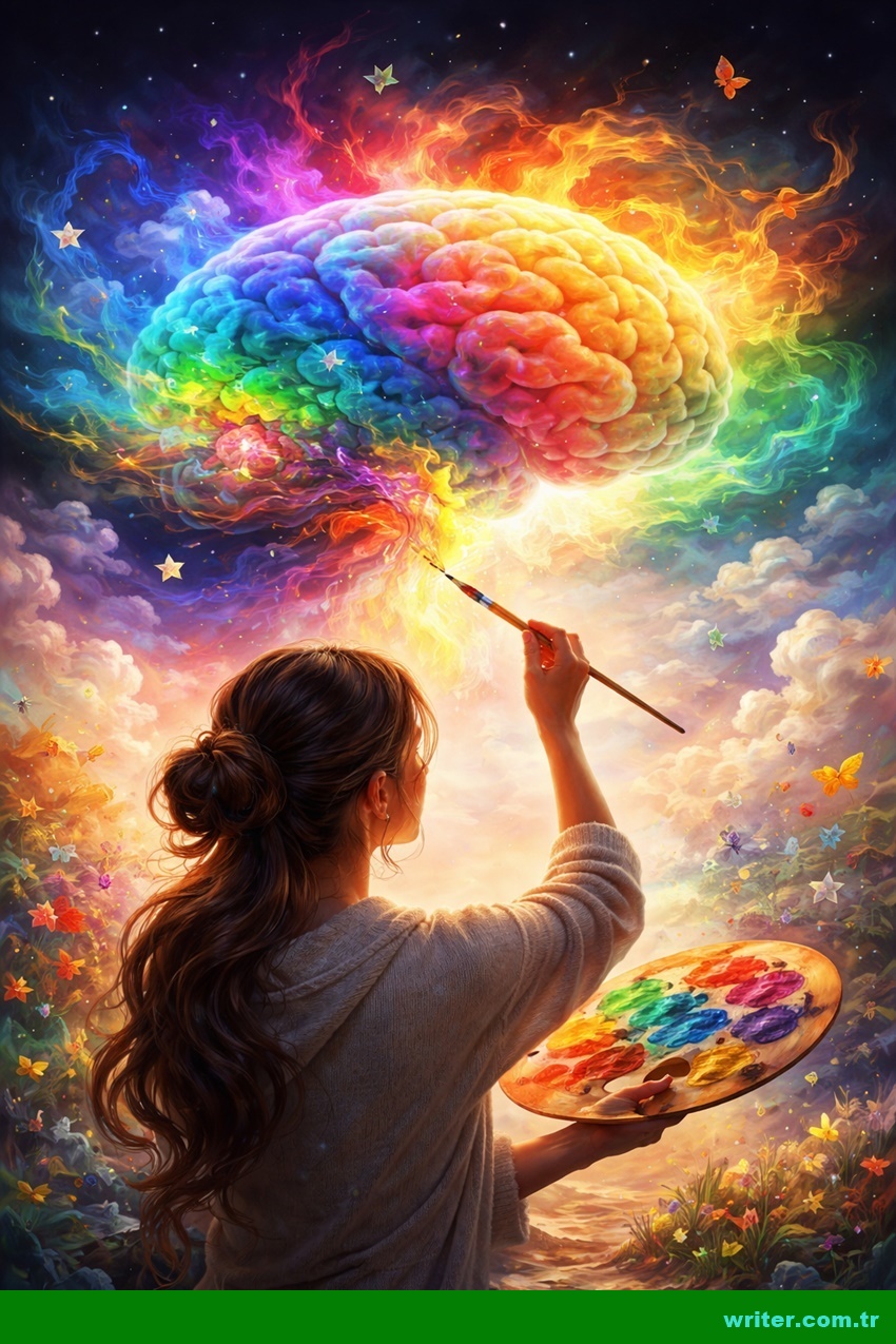 Colorful brain painted by a woman holding a palette symbolizing that your mind is a palette and you are the painter of your thoughts and life.writer.com.tr