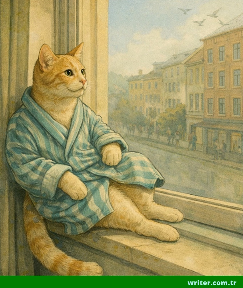 A cat wearing a bathrobe is calmly looking out the window.writer.com.tr