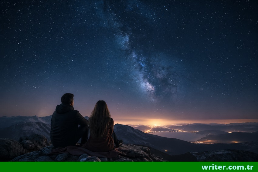 A man and woman sitting on a mountain peak under a star-filled sky, peacefully gazing at the universe, surrounded by calm night and distant glowing horizon.writer.com.tr