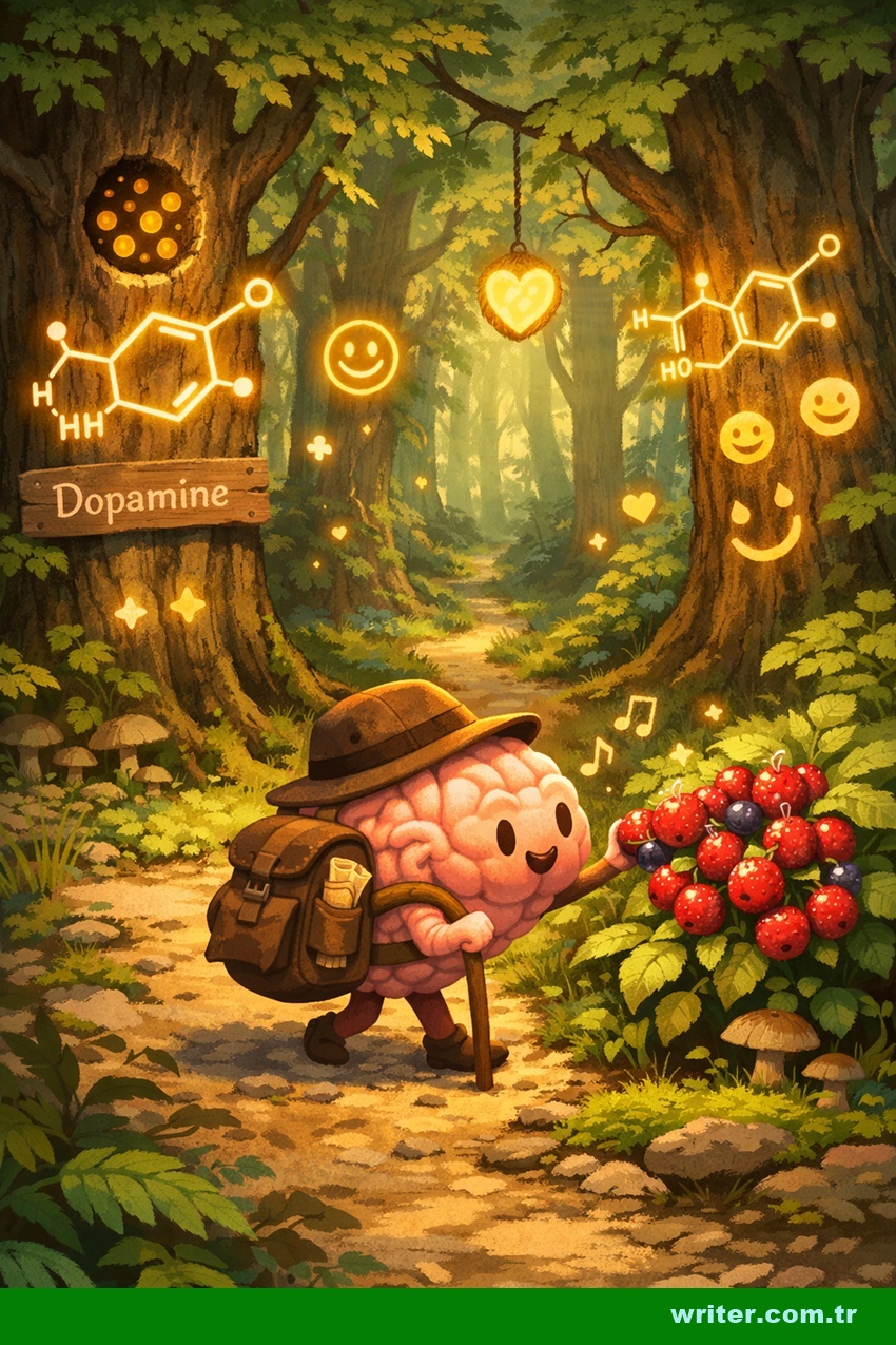 A metaphorical image illustrating dopamine addiction. The brain is exploring like an explorer in a forest.writer.com.tr
