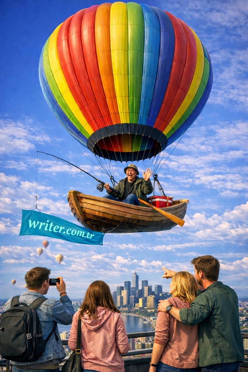 A man has tied a boat to a hot air balloon and is flying.imagination,dreamer,writer.com.tr