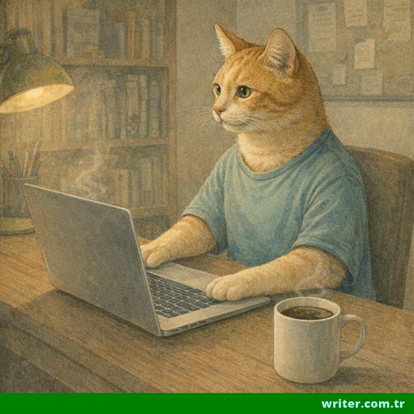 Image of a cat working with a laptop.writer.com.tr