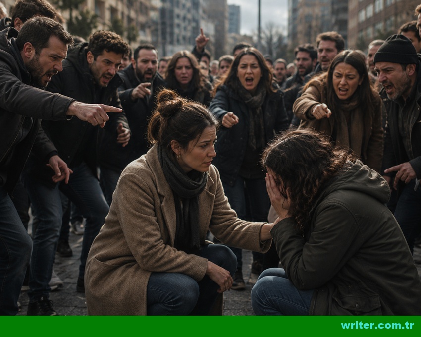 empathy. writer.com.tr. A compassionate woman listening to a distressed person while an angry crowd judges and points in a city square,Empathy and Cancel Culture
