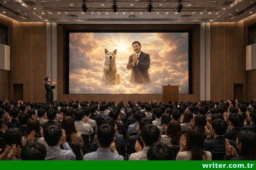 writer.com.tr,Speaker receiving a standing ovation during an emotional presentation while Hachiko and his owner watch from the sky