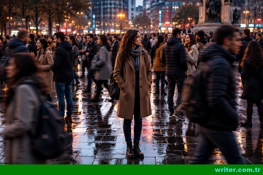 Lonely woman standing alone in a crowded city square symbolizing isolation, distrust, and emotional disconnection,writer.com.tr