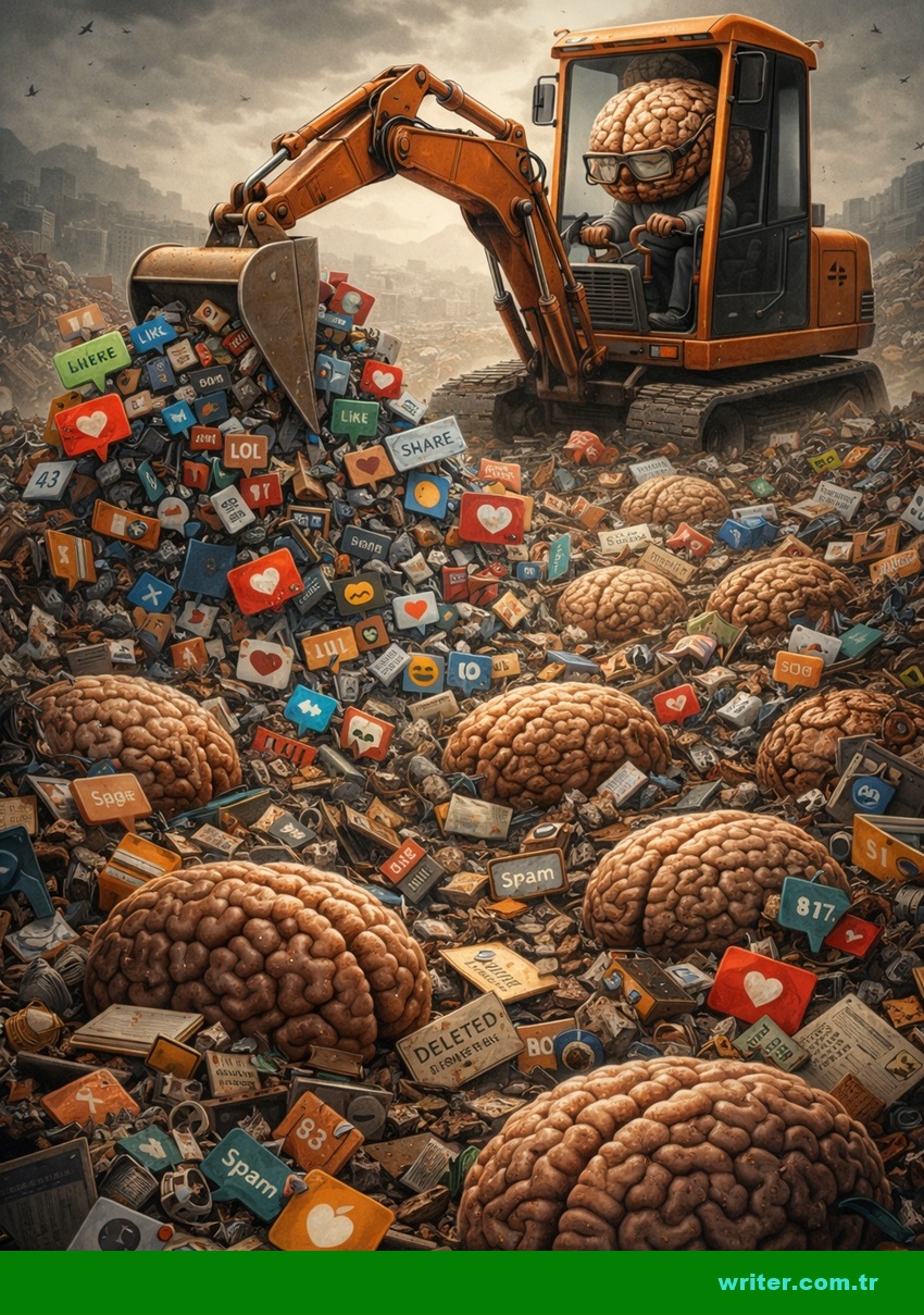 garbage brains,Brain landfill filled with social media messages and digital clutter while an intelligent brain operates an excavator separating information from mental waste,writer.com.tr