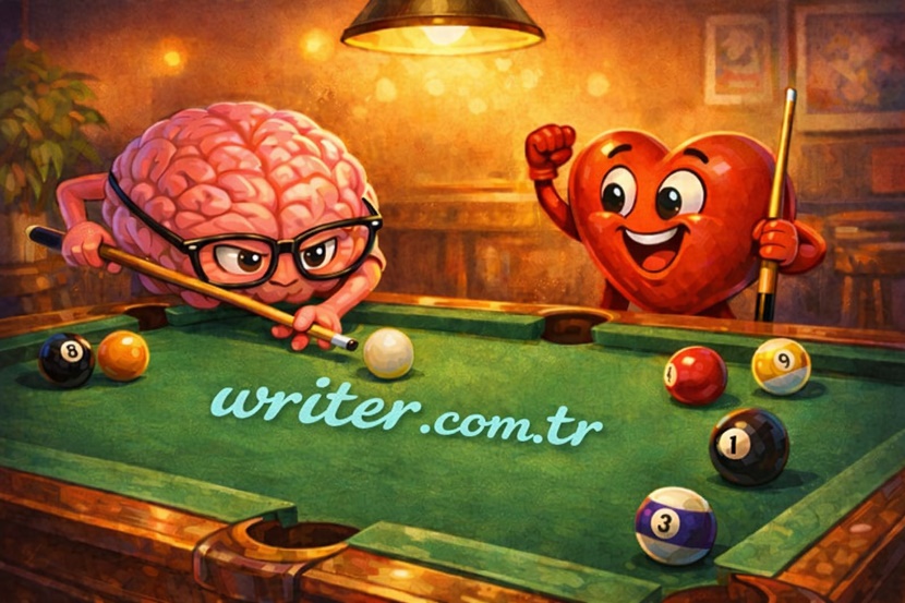 The brain and heart are playing billiards. A metaphorical image.writer.com.tr