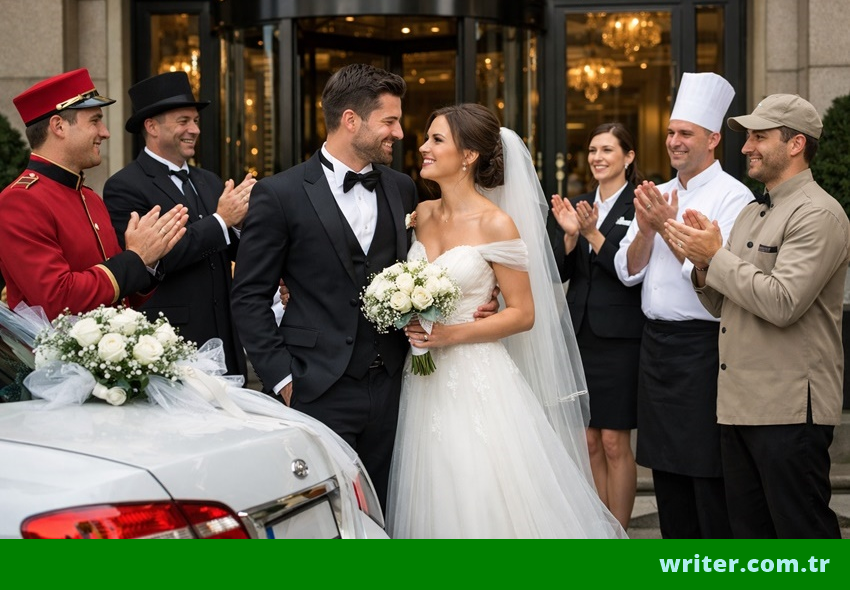 writer.com.tr,The newly married couple checks into the hotel, and the staff applauds.