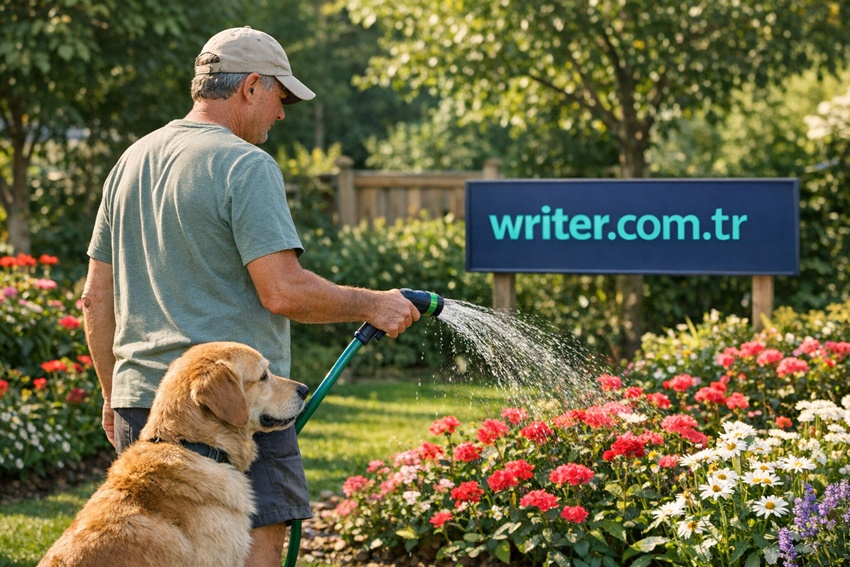 a man and his dog watering flowers in the garden of the house.writer.com.tr