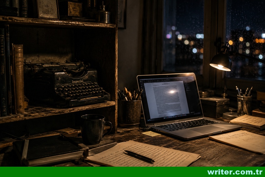 a dusty typewriter on the shelf and a laptop on the desk.writer.com.tr