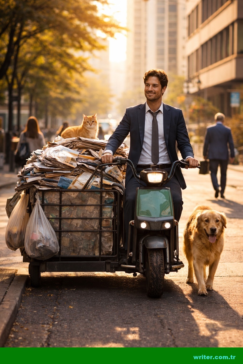 A man collecting paper in a suit. A product of writer.com.tr's imagination.