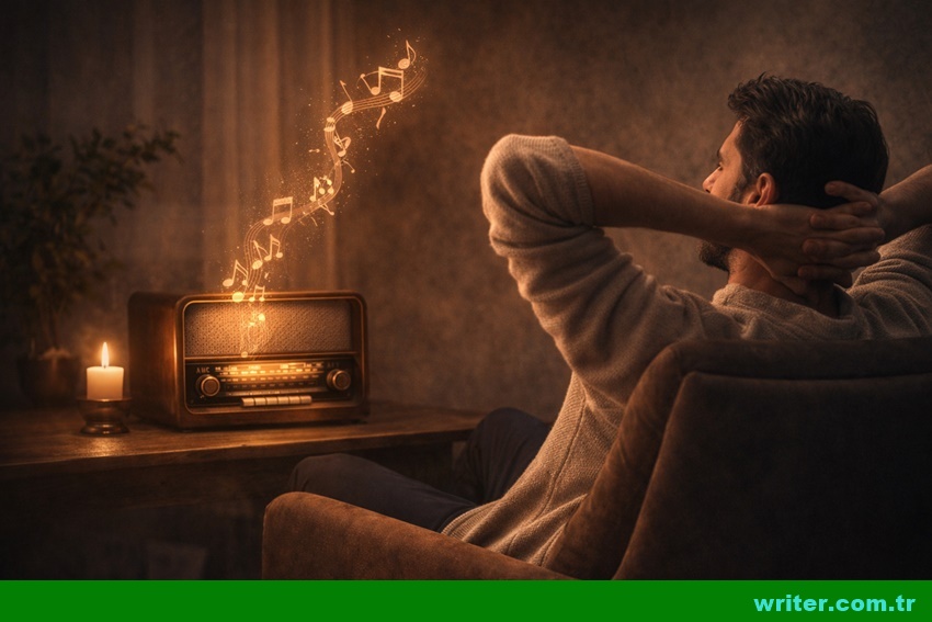 Image of a man playing relaxing music on the radio.relaxing,listen radio,writer.com.tr