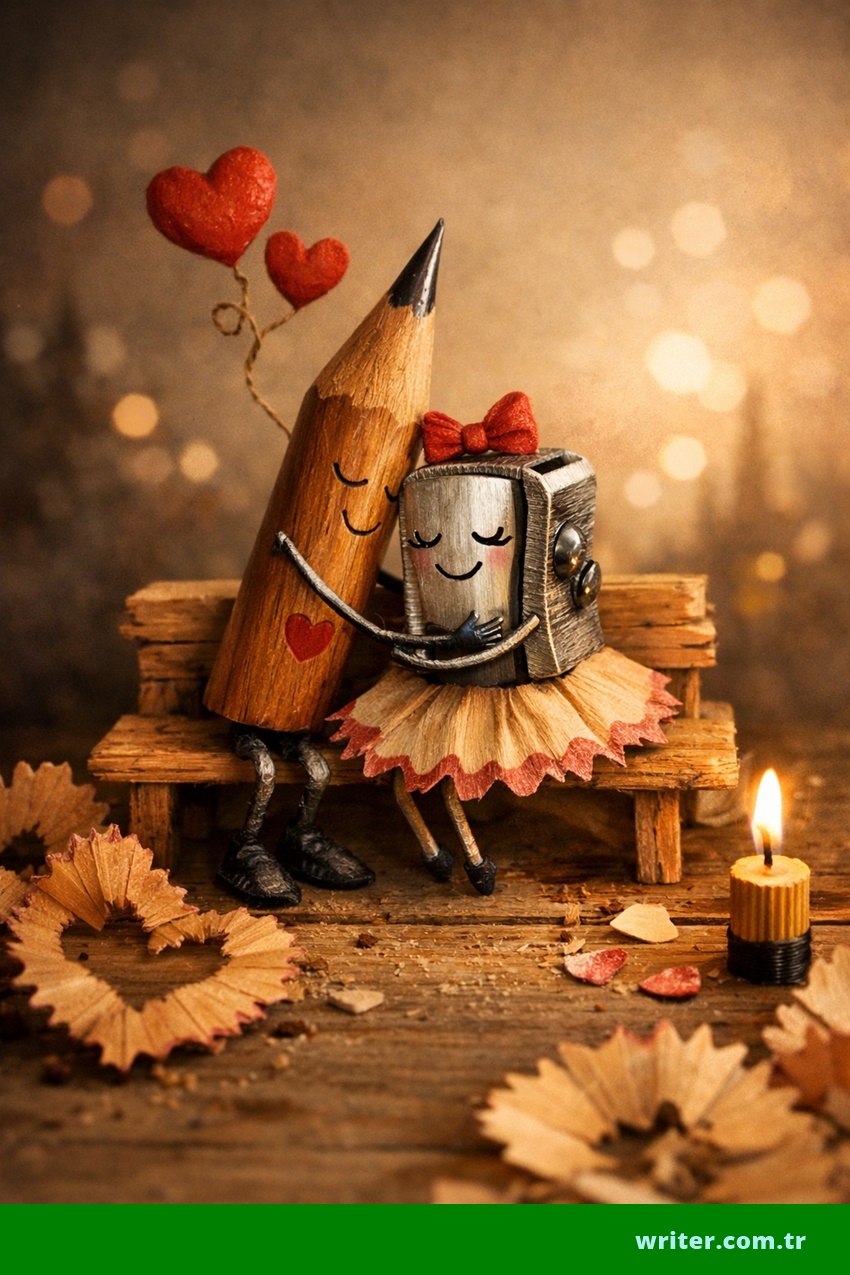 A metaphorical image depicting the love between a pen and a pencil sharpener.writer.com.tr