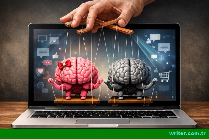 Puppet brains on a laptop screen controlled by a hand above, female brain with a red bow, concept of digital manipulation and media influence.manipulation image,writer.com.tr