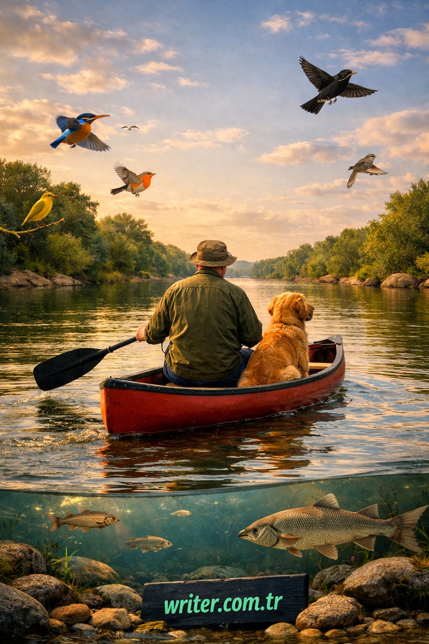 The author is taking a canoe ride on the river to calm down; he has his dog with him. writer.com.tr nature