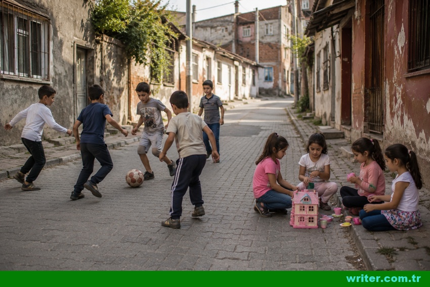 Nostalgic childhood memories with boys playing football and girls playing house on a quiet neighborhood street | writer.com.tr