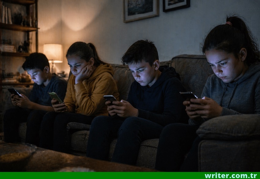 writer.com.tr.Phone-addicted kids are sliding around on the couch.