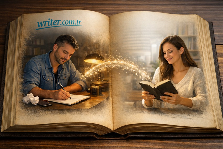 The book contains two different pages with pictures of people reading and writing.,writer.com.tr