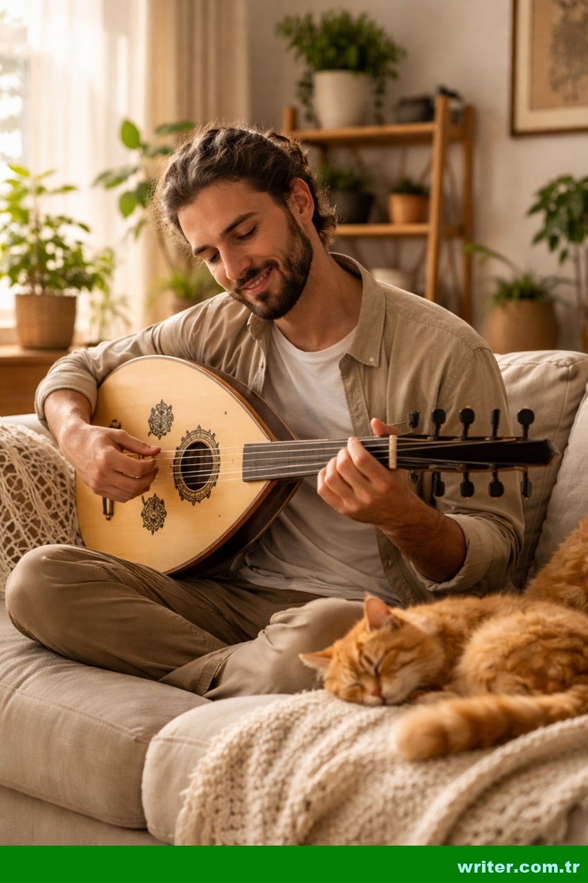Man playing oud at home with a peaceful smile while his cat sleeps beside him in a cozy and relaxing environment,writer.com.tr