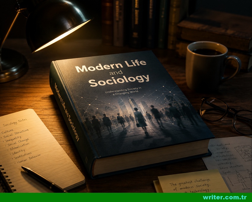 Modern Life and Sociology book on a wooden desk under warm light symbolizing sociology modern society human behavior economy loneliness empathy and social change,writer.com.tr