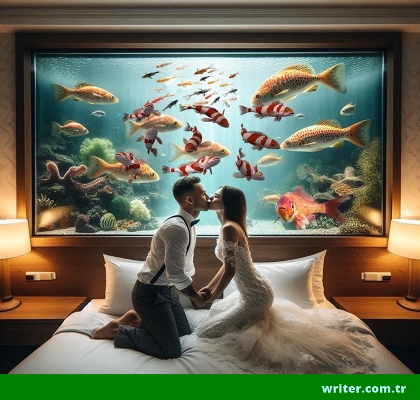 The newly married couple is in the hotel's honeymoon suite. The fish in the aquarium in the room are looking at them.writer.com.tr