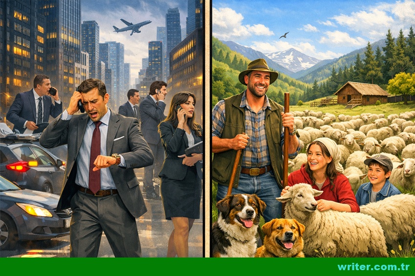 Contrast between stressed business people in a crowded city and happy shepherds herding sheep with dogs in a peaceful countryside landscape,writer.com.tr