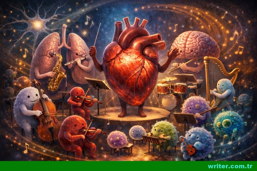 Human body as a harmonious internal orchestra with heart, lungs and brain performing in glowing cosmic atmosphere, imagation and mindful concept illustration,writer.com.tr