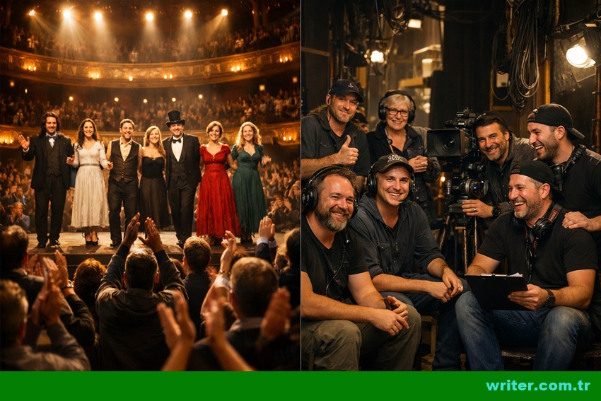 Split-screen photo: actors applauded on stage, crew smiling backstage, turquoise ‘writer.com.tr’ in corner.