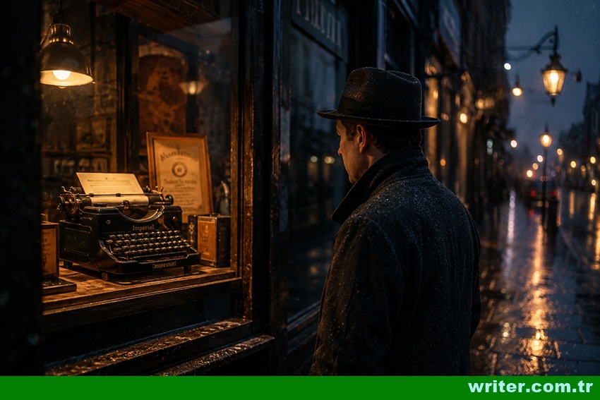 A typewriter is on display in a shop window. The writer is going to buy it.writer.com.tr