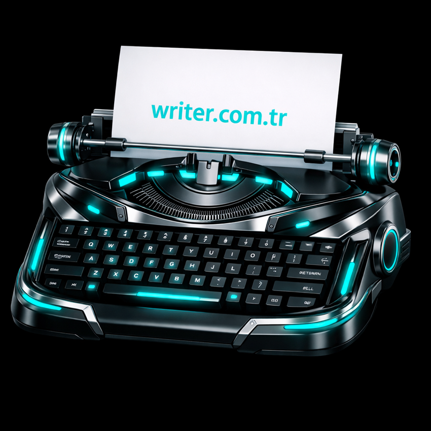 A futuristic typewriter prints writer.com.tr on paper.writer site,writer website