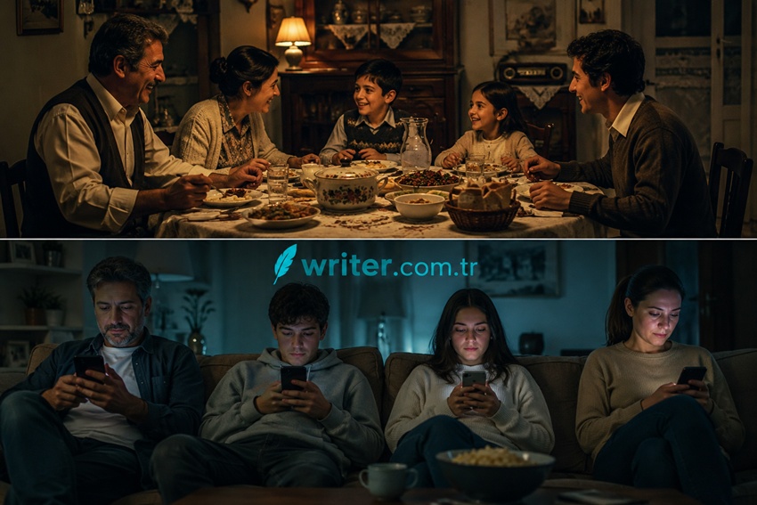 Why people are less happy today, nostalgic family dinner versus smartphone addicted family, technology and happiness comparison, human connection and modern life, Writer.com.tr