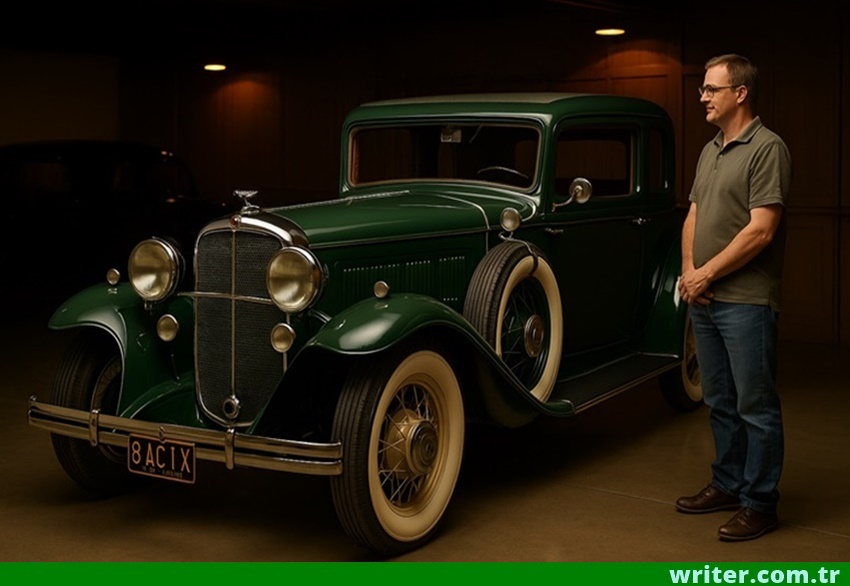 The classic car is in the garage, its owner is looking at it.writer.com.tr