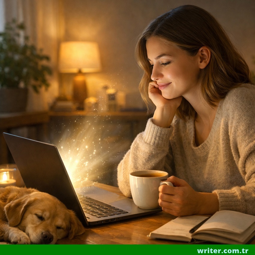 A woman is browsing writer.com.tr on her laptop.articles,stories,music