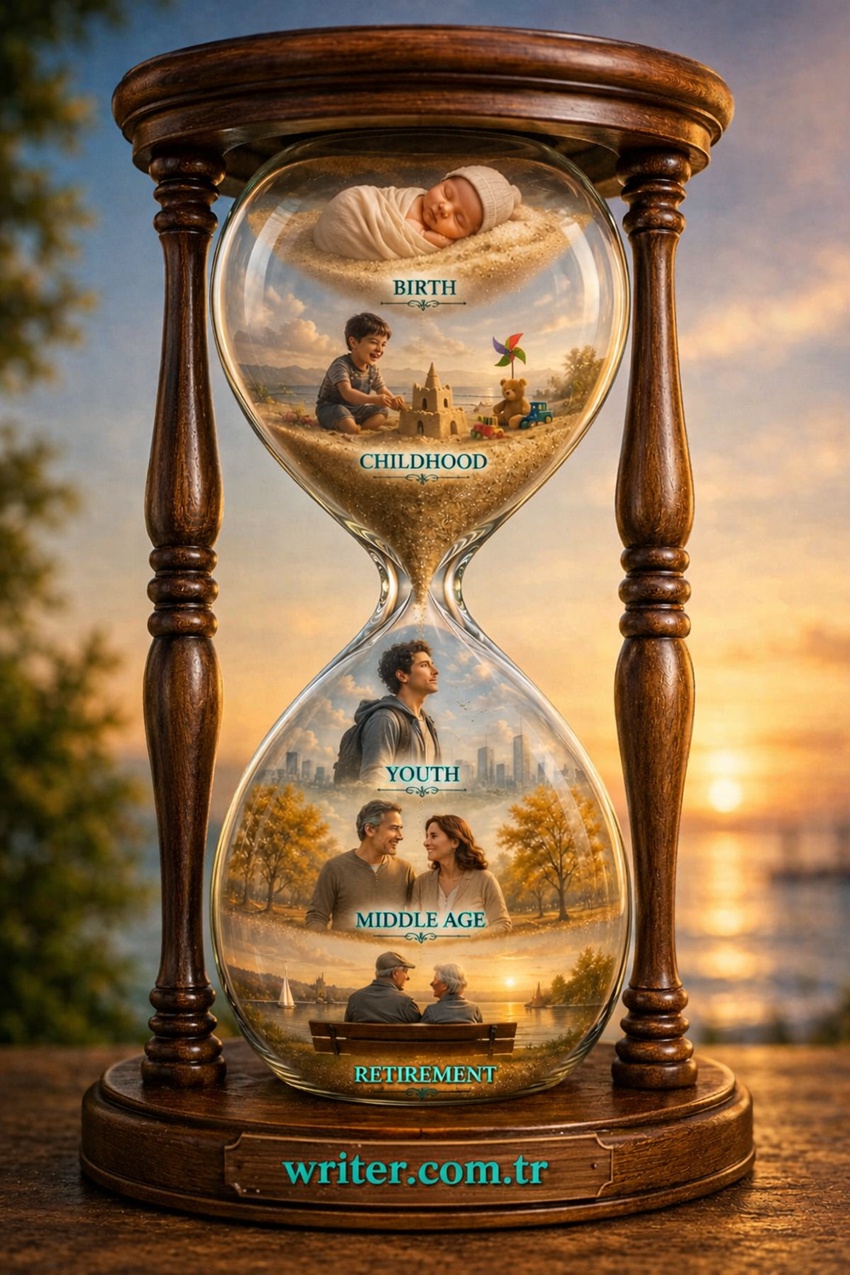 Symbolic hourglass illustrating the journey of life from birth, childhood, youth, middle age and retirement. A visual reflection on happiness, time and the value of every moment. Writer.com.tr