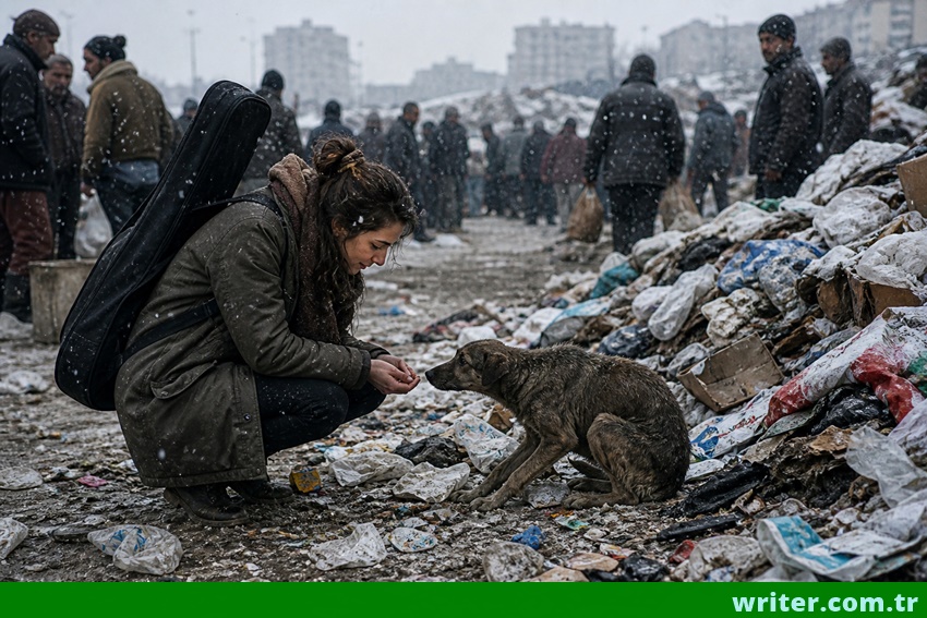 writer.com.tr story,The female violinist is feeding the dog in the garbage dump.