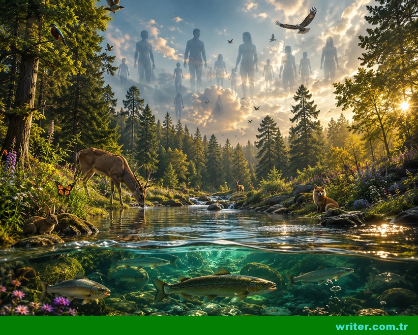 A serene untouched forest with animals and flowing river beneath a sky filled with fading human silhouettes, symbolizing the end of humanity, writer.com.tr