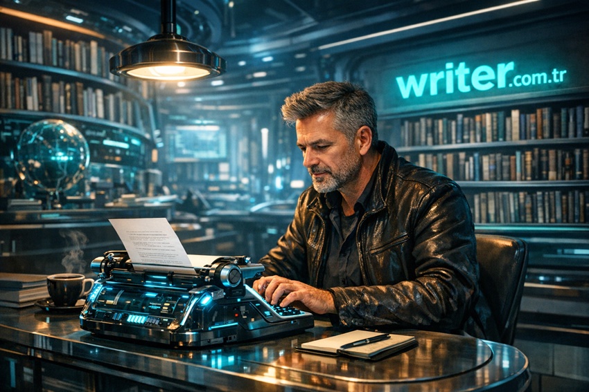 Image of an writer typing on a technological typewriter in a futuristic library.writer,writer.com.tr