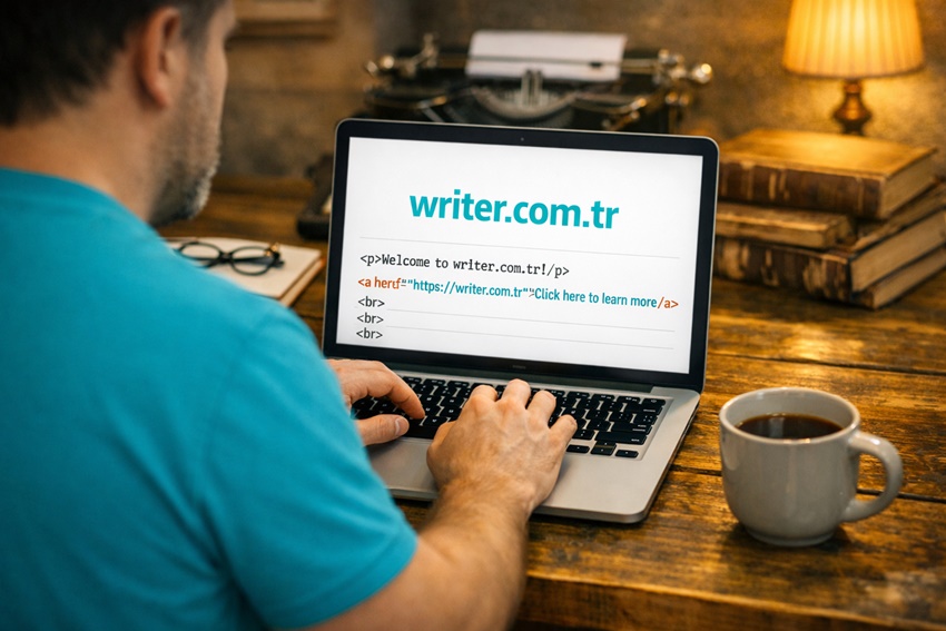 The administrator of writer.com.tr website is writing content on a laptop.